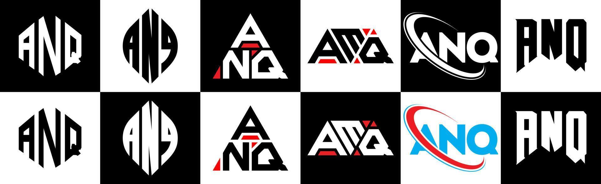 ANQ letter logo design in six style. ANQ polygon, circle, triangle, hexagon, flat and simple style with black and white color variation letter logo set in one artboard. ANQ minimalist and classic logo vector