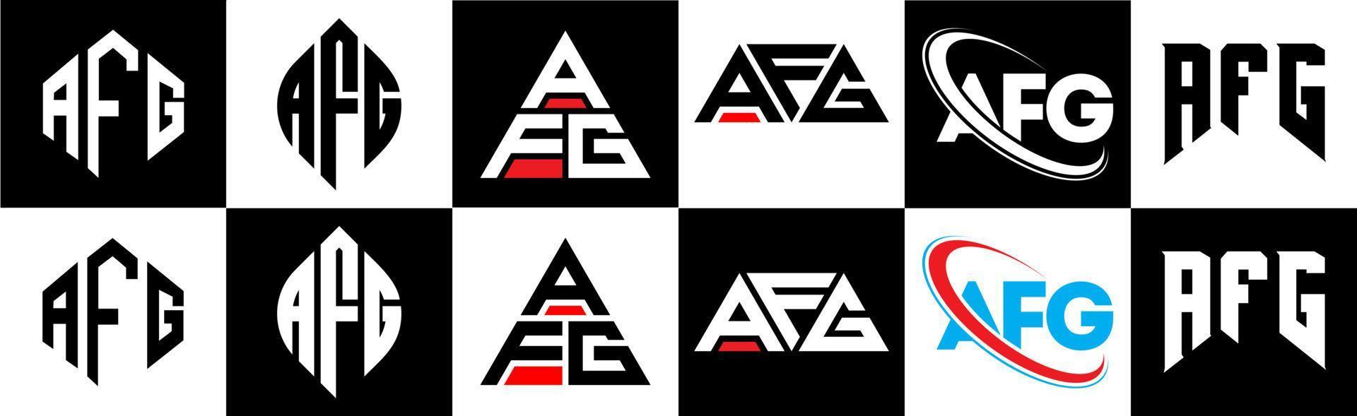 AFG letter logo design in six style. AFG polygon, circle, triangle, hexagon, flat and simple style with black and white color variation letter logo set in one artboard. AFG minimalist and classic logo vector