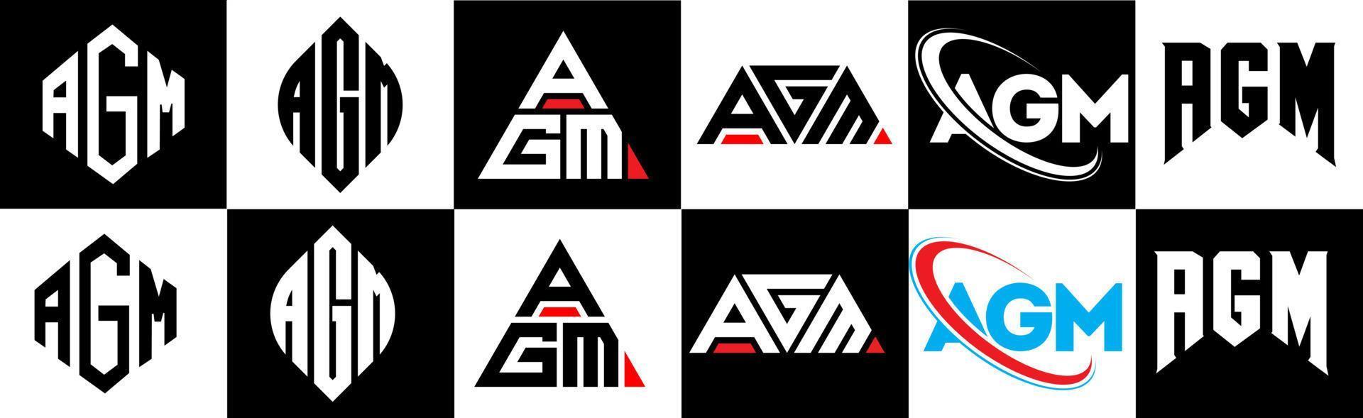 AGM letter logo design in six style. AGM polygon, circle, triangle, hexagon, flat and simple style with black and white color variation letter logo set in one artboard. AGM minimalist and classic logo vector