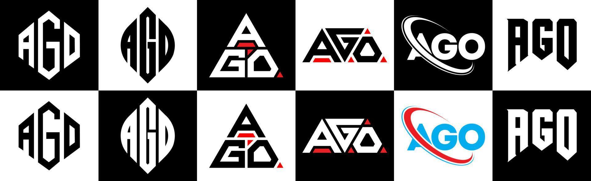 AGO letter logo design in six style. AGO polygon, circle, triangle, hexagon, flat and simple style with black and white color variation letter logo set in one artboard. AGO minimalist and classic logo vector