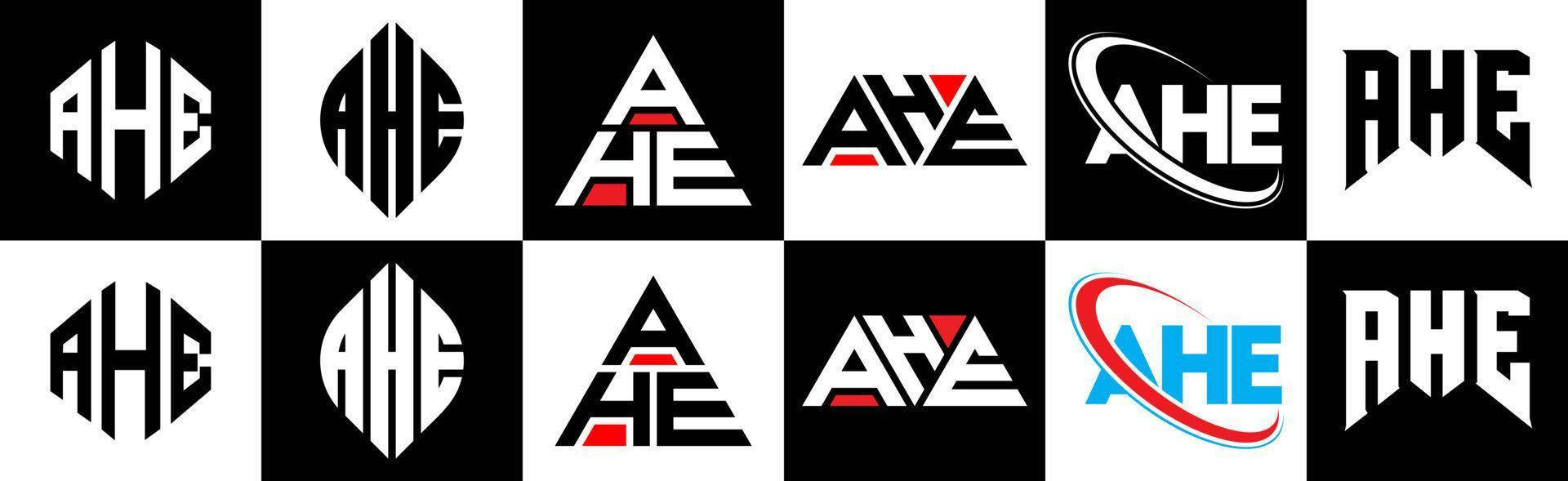 AHE letter logo design in six style. AHE polygon, circle, triangle, hexagon, flat and simple style with black and white color variation letter logo set in one artboard. AHE minimalist and classic logo vector