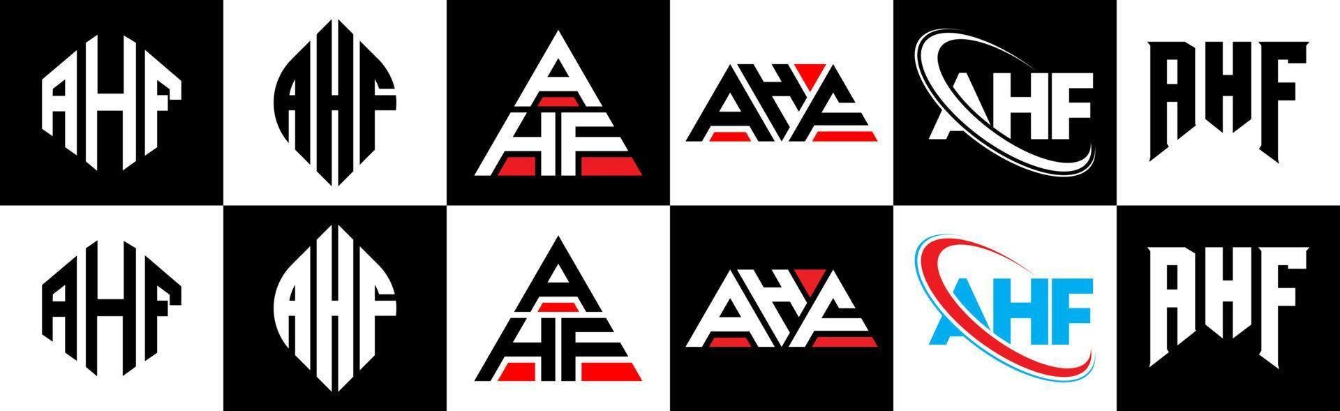 AHF letter logo design in six style. AHF polygon, circle, triangle, hexagon, flat and simple style with black and white color variation letter logo set in one artboard. AHF minimalist and classic logo vector