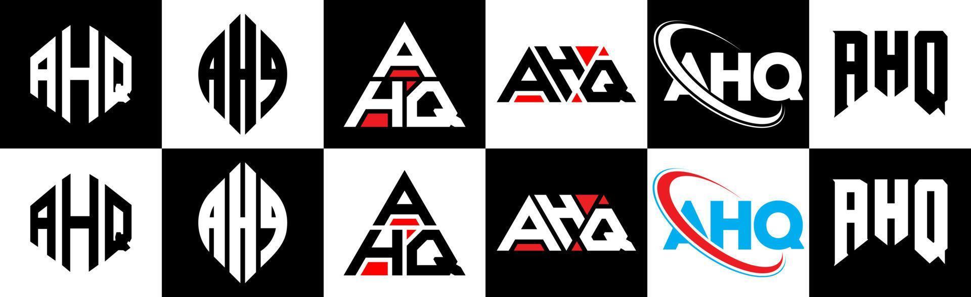 diseño de logotipo de letra ahq en seis estilos. polígono ahq, círculo, triángulo, hexágono, estilo plano y simple con logotipo de letra de variación de color blanco y negro en una mesa de trabajo. logotipo minimalista y clásico de ahq vector