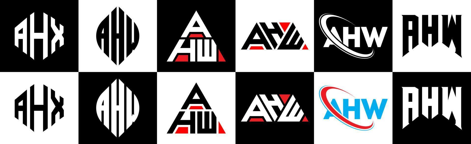 AHW letter logo design in six style. AHW polygon, circle, triangle, hexagon, flat and simple style with black and white color variation letter logo set in one artboard. AHW minimalist and classic logo vector