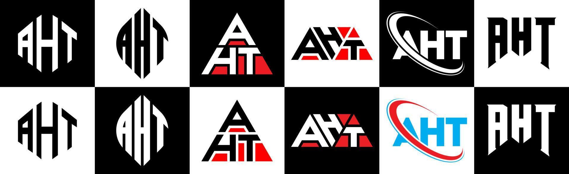 AHT letter logo design in six style. AHT polygon, circle, triangle, hexagon, flat and simple style with black and white color variation letter logo set in one artboard. AHT minimalist and classic logo vector