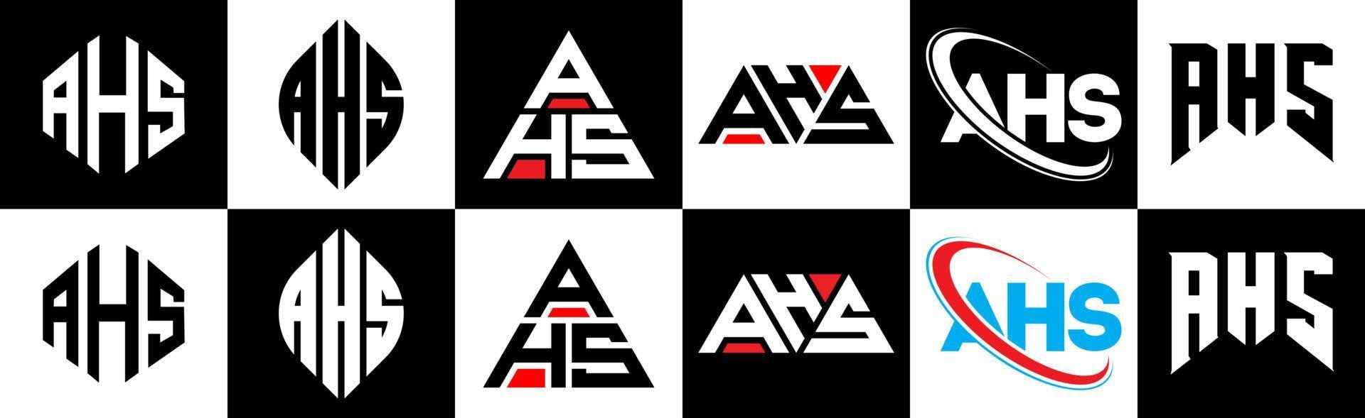AHS letter logo design in six style. AHS polygon, circle, triangle, hexagon, flat and simple style with black and white color variation letter logo set in one artboard. AHS minimalist and classic logo vector