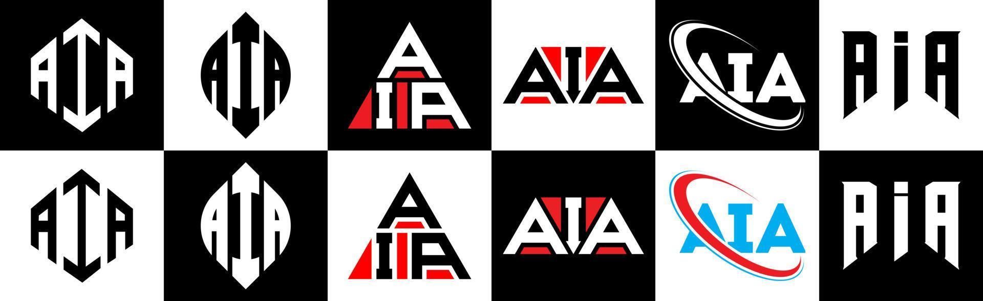 diseño de logotipo de letra aia en seis estilos. aia polígono, círculo, triángulo, hexágono, estilo plano y simple con logotipo de letra de variación de color blanco y negro en una mesa de trabajo. logotipo minimalista y clásico de aia vector