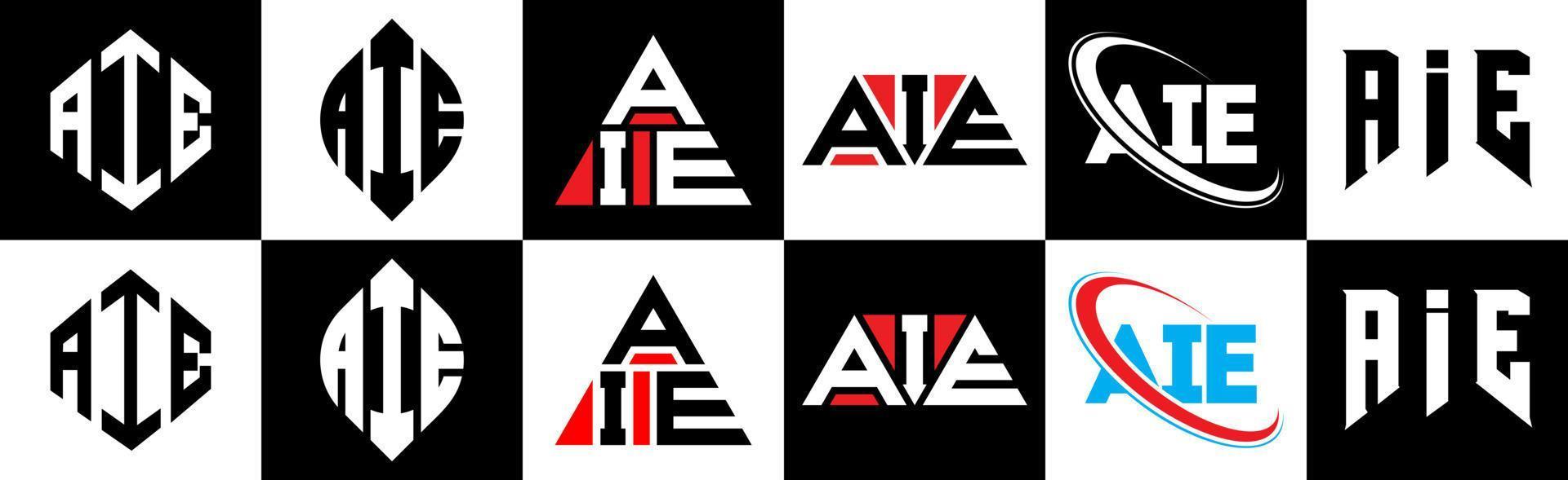 AIE letter logo design in six style. AIE polygon, circle, triangle, hexagon, flat and simple style with black and white color variation letter logo set in one artboard. AIE minimalist and classic logo vector