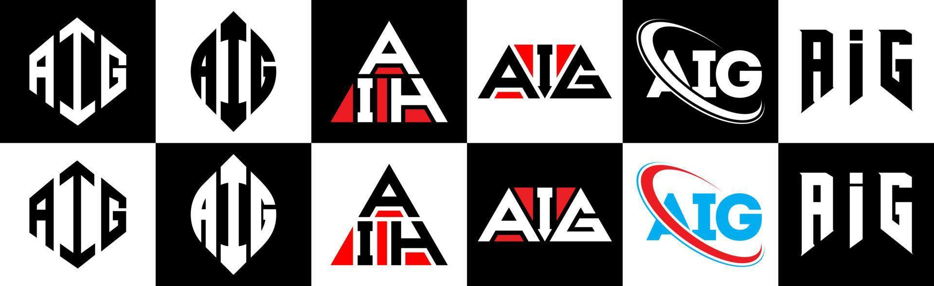 diseño de logotipo de letra aig en seis estilos. aig polígono, círculo, triángulo, hexágono, estilo plano y simple con logotipo de letra de variación de color blanco y negro en una mesa de trabajo. logotipo minimalista y clásico de aig vector