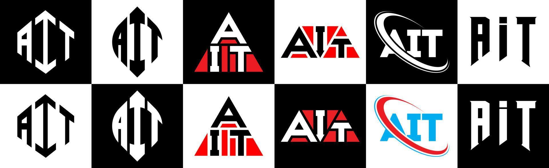 AIT letter logo design in six style. AIT polygon, circle, triangle, hexagon, flat and simple style with black and white color variation letter logo set in one artboard. AIT minimalist and classic logo vector