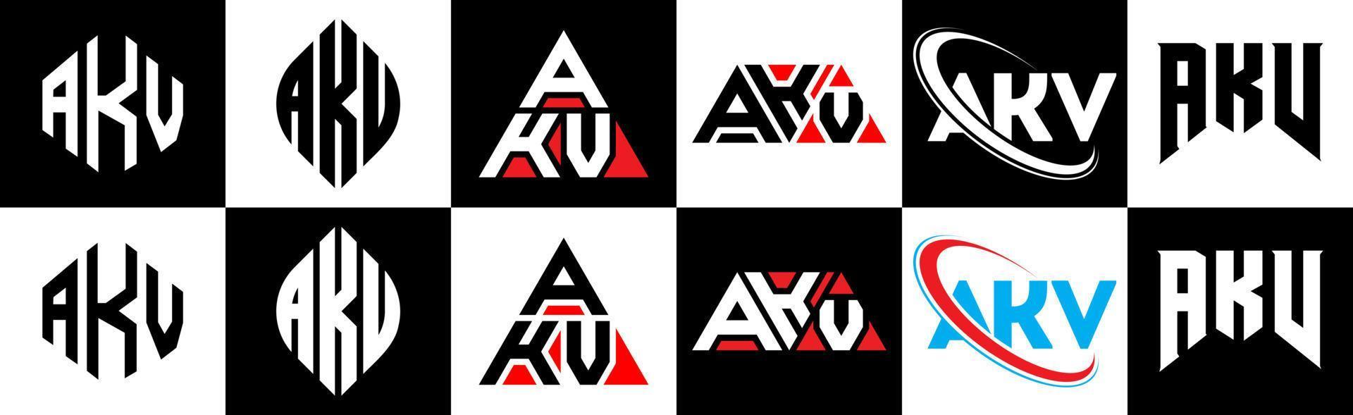 AKV letter logo design in six style. AKV polygon, circle, triangle, hexagon, flat and simple style with black and white color variation letter logo set in one artboard. AKV minimalist and classic logo vector
