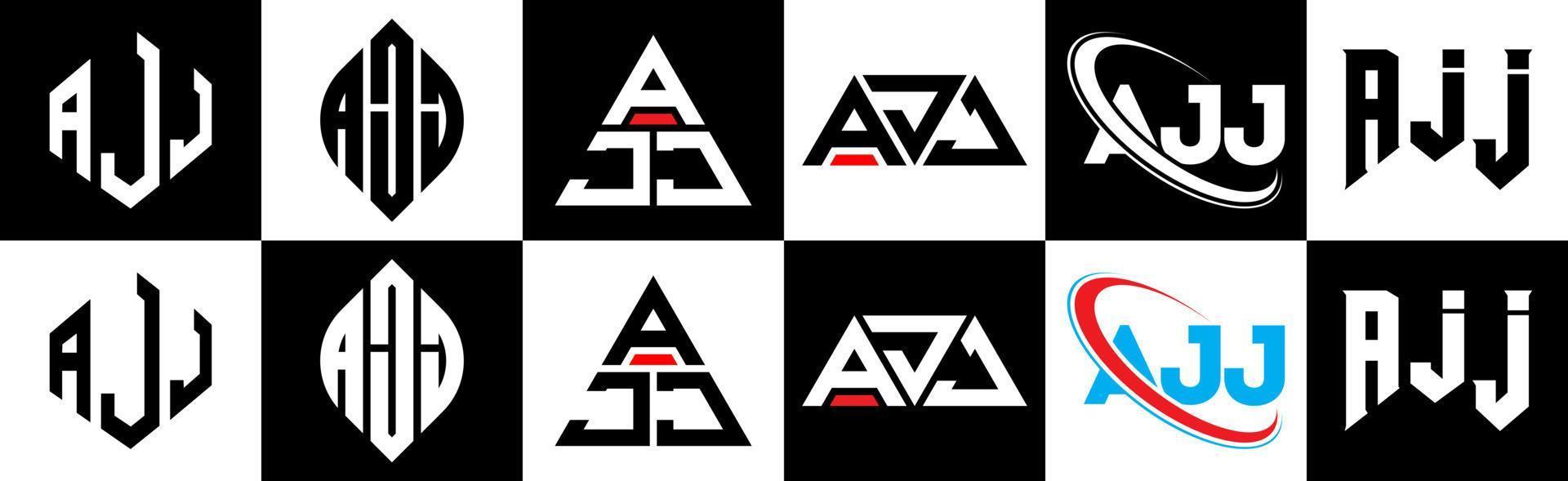 diseño de logotipo de letra ajj en seis estilos. ajj polígono, círculo, triángulo, hexágono, estilo plano y simple con logotipo de letra de variación de color blanco y negro en una mesa de trabajo. logotipo minimalista y clásico de ajj vector