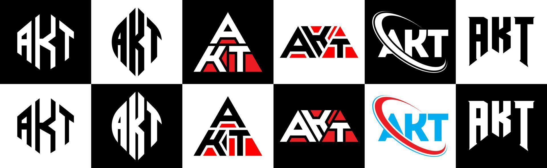 AKT letter logo design in six style. AKT polygon, circle, triangle, hexagon, flat and simple style with black and white color variation letter logo set in one artboard. AKT minimalist and classic logo vector
