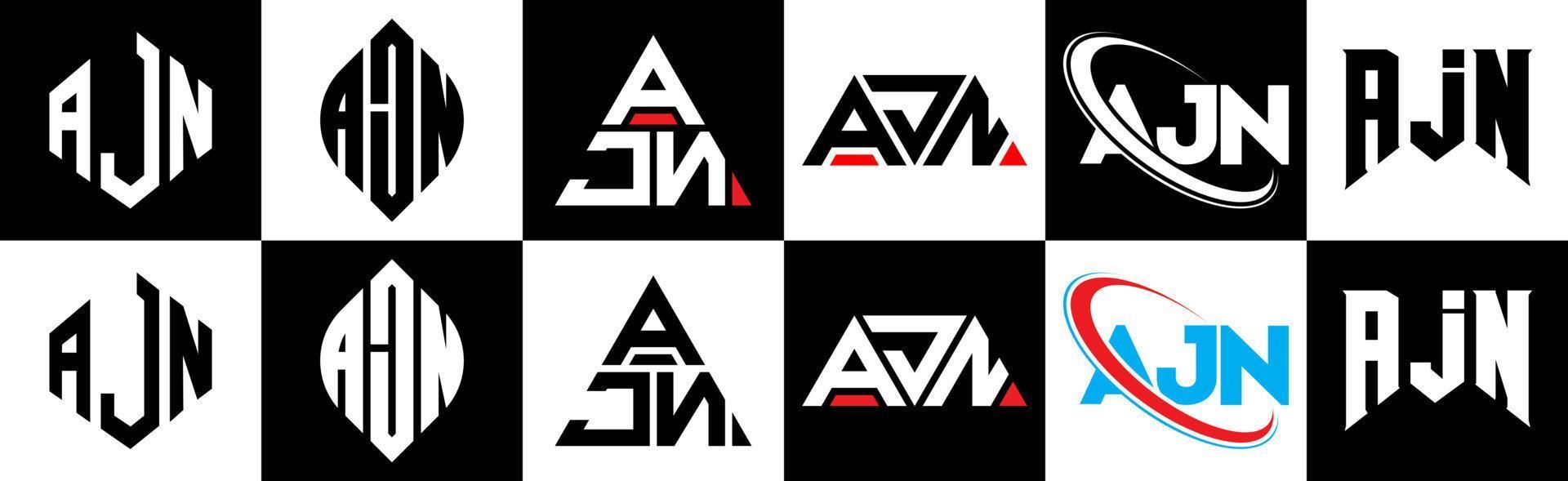 AJN letter logo design in six style. AJN polygon, circle, triangle, hexagon, flat and simple style with black and white color variation letter logo set in one artboard. AJN minimalist and classic logo vector