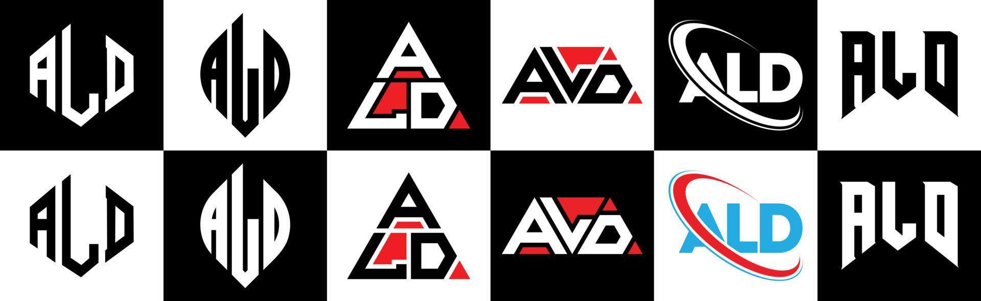 ALD letter logo design in six style. ALD polygon, circle, triangle, hexagon, flat and simple style with black and white color variation letter logo set in one artboard. ALD minimalist and classic logo vector