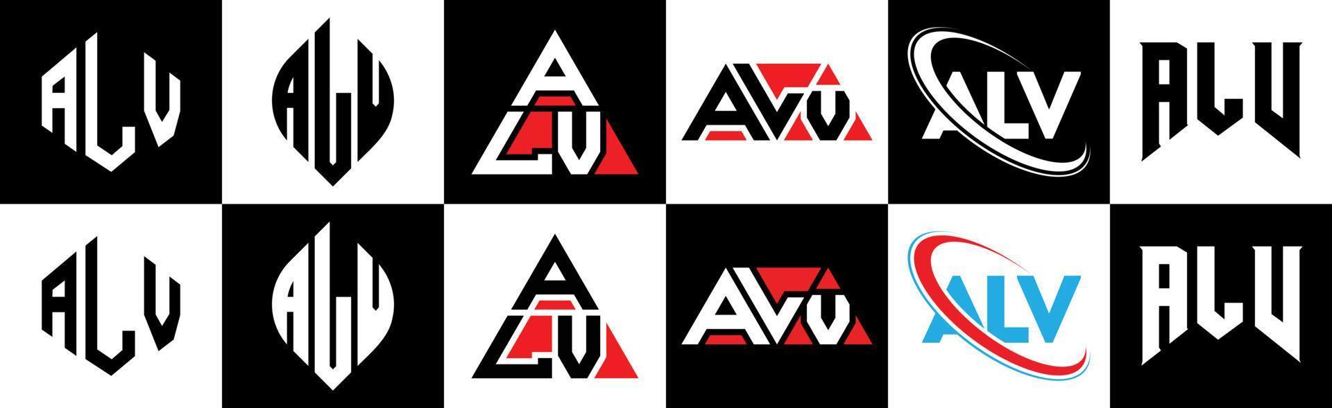 ALV letter logo design in six style. ALV polygon, circle, triangle, hexagon, flat and simple style with black and white color variation letter logo set in one artboard. ALV minimalist and classic logo vector