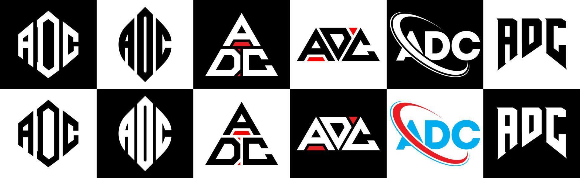 diseño de logotipo de letra adc en seis estilos. adc polígono, círculo, triángulo, hexágono, estilo plano y simple con logotipo de letra de variación de color blanco y negro en una mesa de trabajo. adc logotipo minimalista y clásico vector