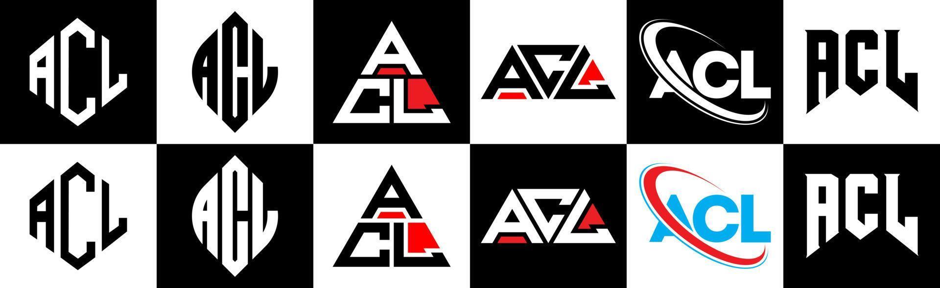 diseño de logotipo de letra acl en seis estilos. acl polígono, círculo, triángulo, hexágono, estilo plano y simple con logotipo de letra de variación de color blanco y negro en una mesa de trabajo. logotipo minimalista y clásico de acl vector