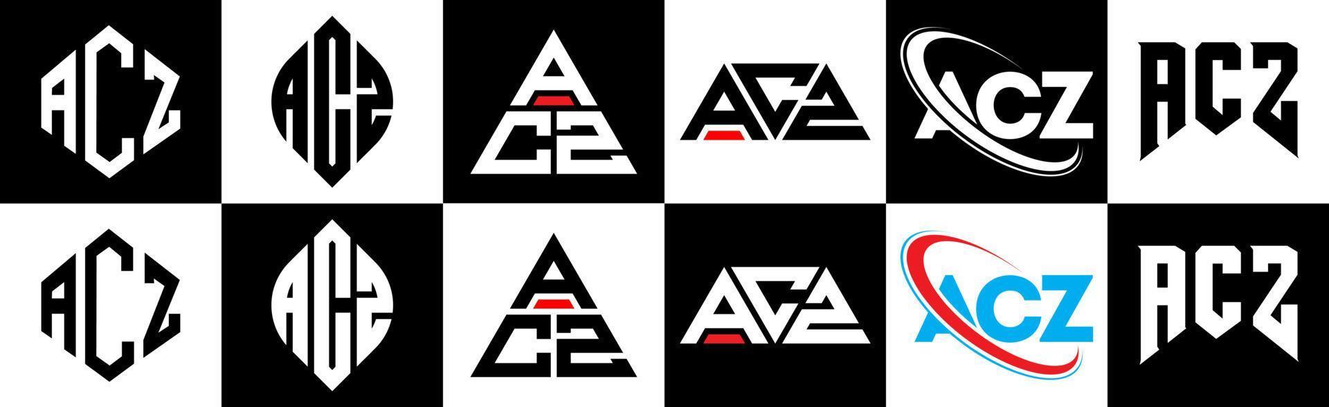 diseño de logotipo de letra acz en seis estilos. acz polígono, círculo, triángulo, hexágono, estilo plano y simple con logotipo de letra de variación de color blanco y negro en una mesa de trabajo. logotipo minimalista y clásico de acz vector