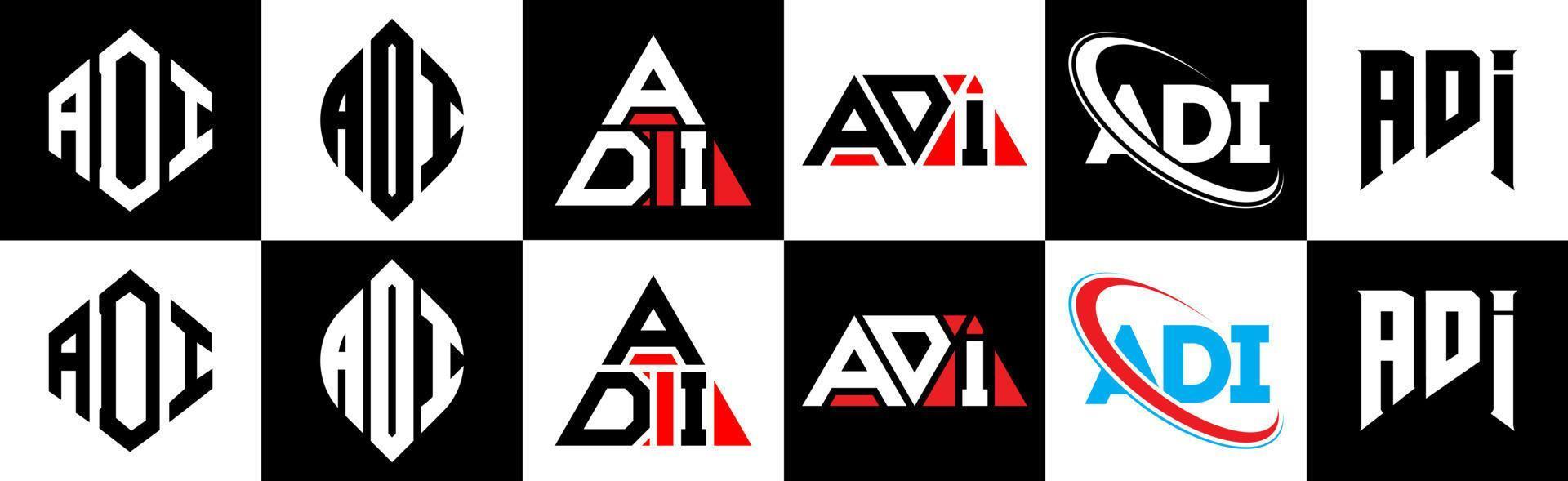 ADI letter logo design in six style. ADI polygon, circle, triangle, hexagon, flat and simple style with black and white color variation letter logo set in one artboard. ADI minimalist and classic logo vector