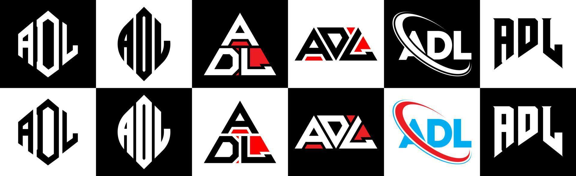 ADL letter logo design in six style. ADL polygon, circle, triangle, hexagon, flat and simple style with black and white color variation letter logo set in one artboard. ADL minimalist and classic logo vector