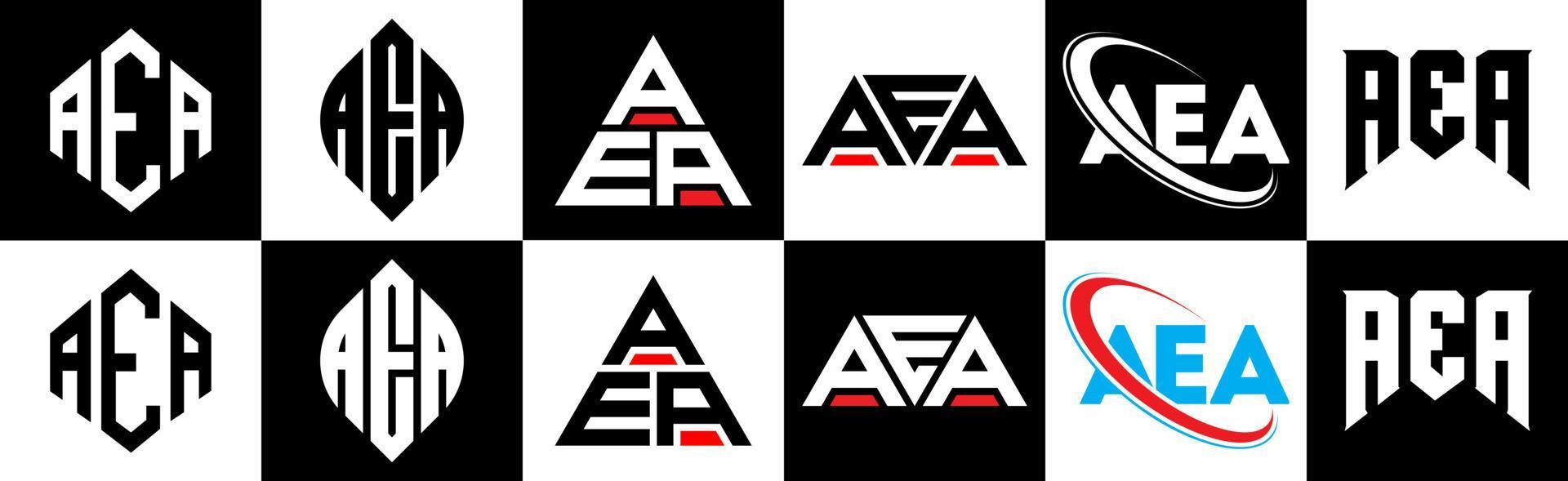 AEA letter logo design in six style. AEA polygon, circle, triangle, hexagon, flat and simple style with black and white color variation letter logo set in one artboard. AEA minimalist and classic logo vector