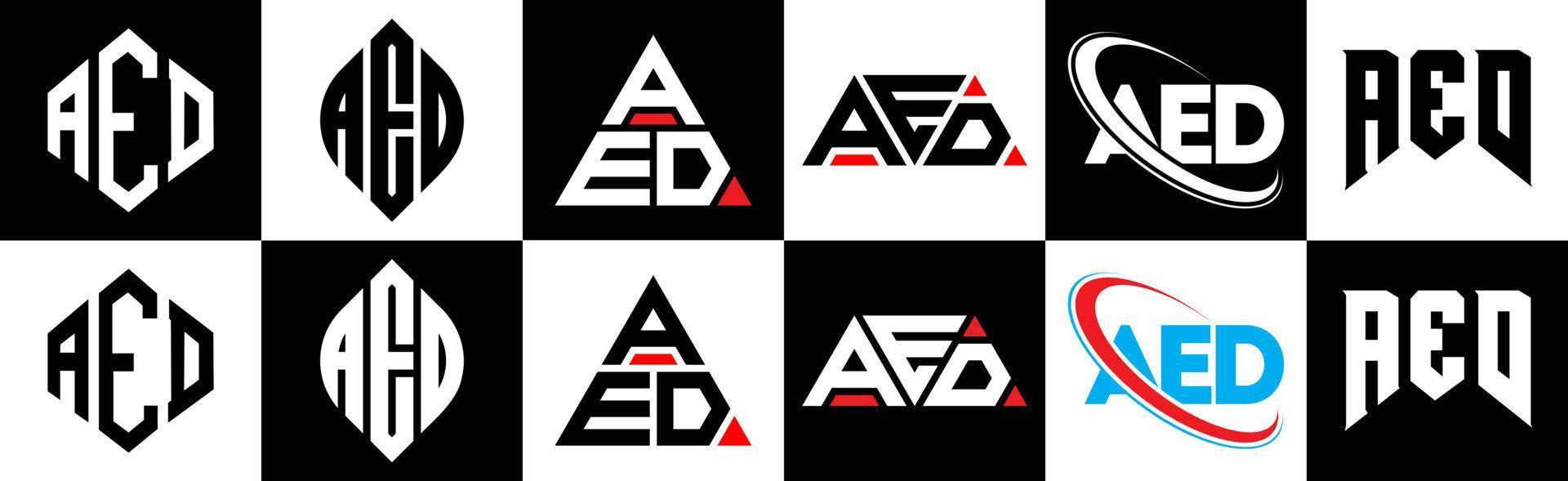 diseño de logotipo de letra aed en seis estilos. aed polígono, círculo, triángulo, hexágono, estilo plano y simple con logotipo de letra de variación de color blanco y negro en una mesa de trabajo. logotipo minimalista y clásico de aed vector