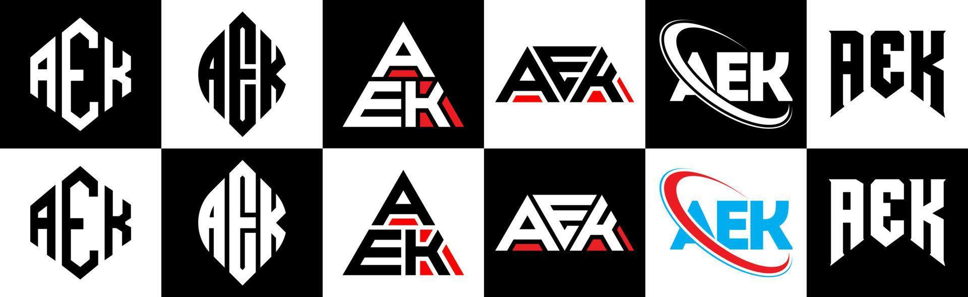 diseño de logotipo de letra aek en seis estilos. aek polígono, círculo, triángulo, hexágono, estilo plano y simple con logotipo de letra de variación de color blanco y negro en una mesa de trabajo. logotipo minimalista y clásico de aek vector