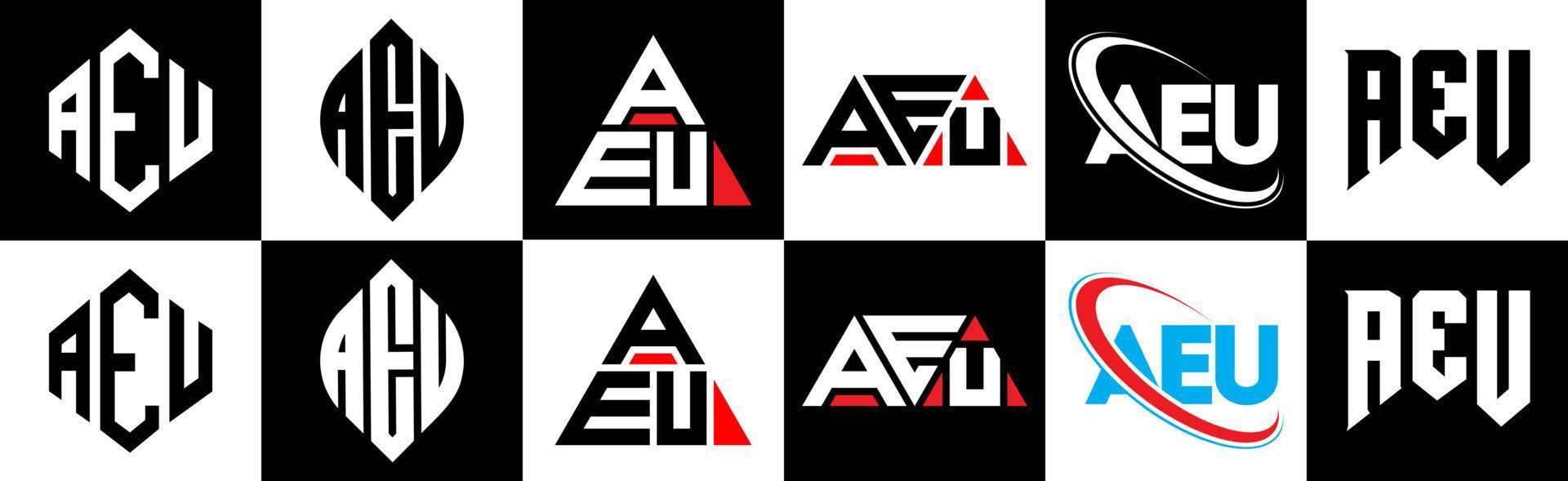 AEU letter logo design in six style. AEU polygon, circle, triangle, hexagon, flat and simple style with black and white color variation letter logo set in one artboard. AEU minimalist and classic logo vector