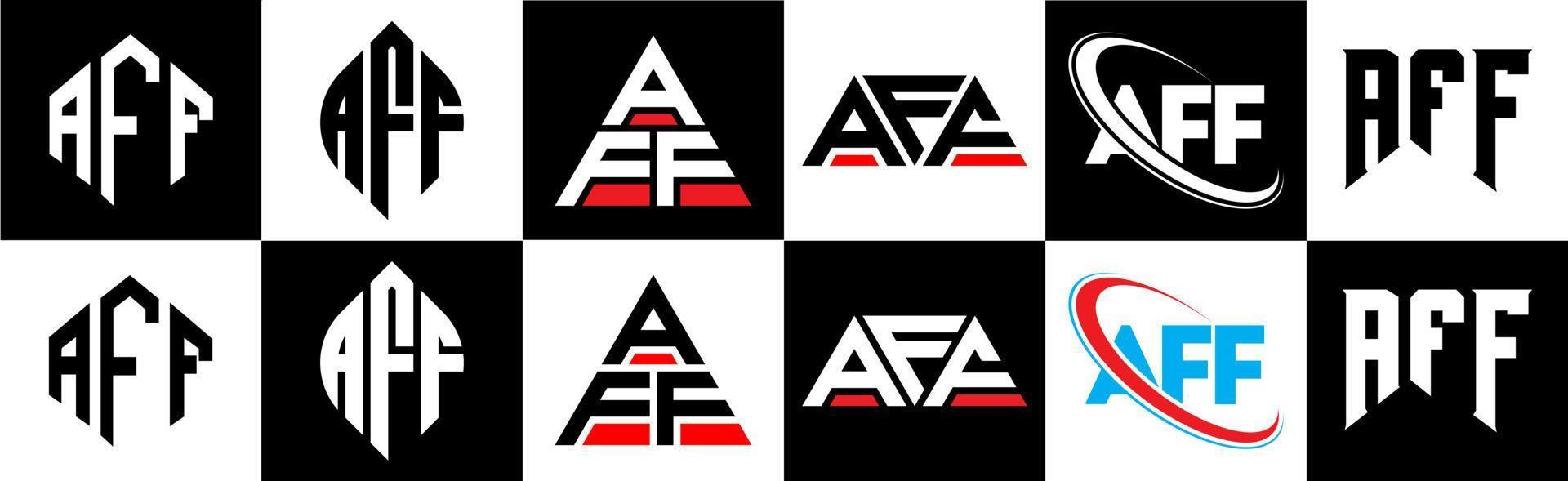 diseño de logotipo de letra aff en seis estilos. polígono, círculo, triángulo, hexágono, estilo plano y simple con logotipo de letra de variación de color blanco y negro en una mesa de trabajo. logotipo minimalista y clásico de aff vector