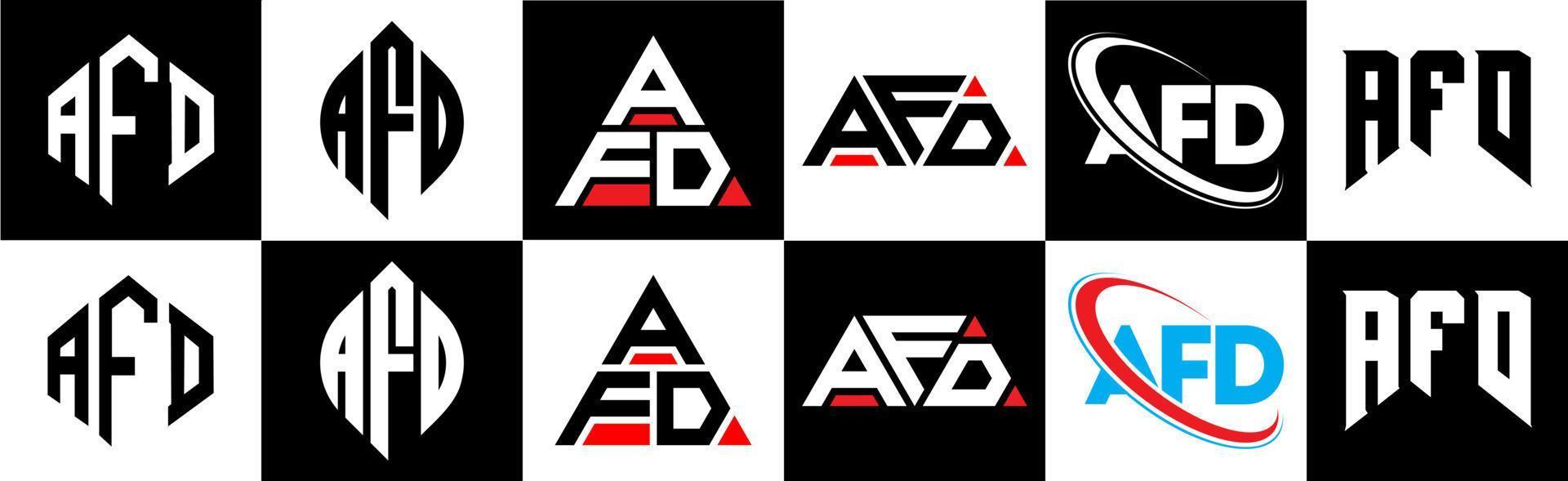 AFD letter logo design in six style. AFD polygon, circle, triangle, hexagon, flat and simple style with black and white color variation letter logo set in one artboard. AFD minimalist and classic logo vector