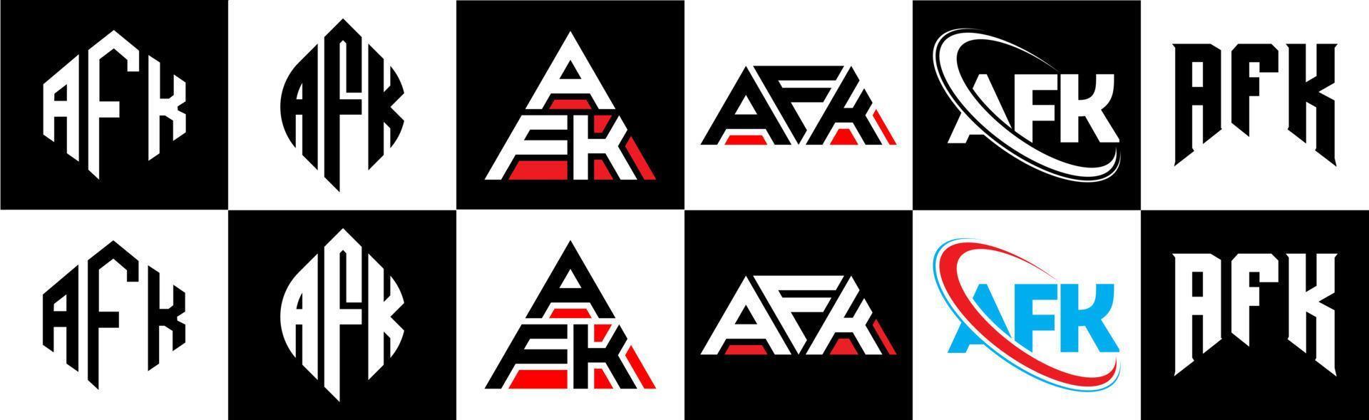 AFK letter logo design in six style. AFK polygon, circle, triangle, hexagon, flat and simple style with black and white color variation letter logo set in one artboard. AFK minimalist and classic logo vector