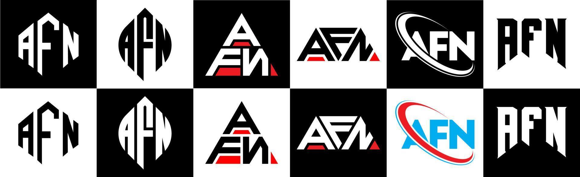 AFN letter logo design in six style. AFN polygon, circle, triangle, hexagon, flat and simple style with black and white color variation letter logo set in one artboard. AFN minimalist and classic logo vector