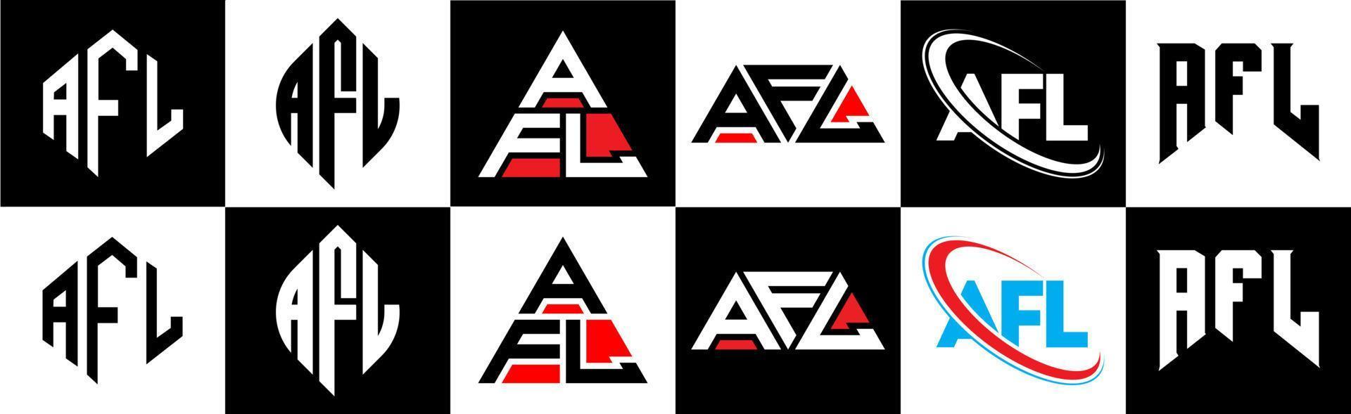 AFL letter logo design in six style. AFL polygon, circle, triangle, hexagon, flat and simple style with black and white color variation letter logo set in one artboard. AFL minimalist and classic logo vector
