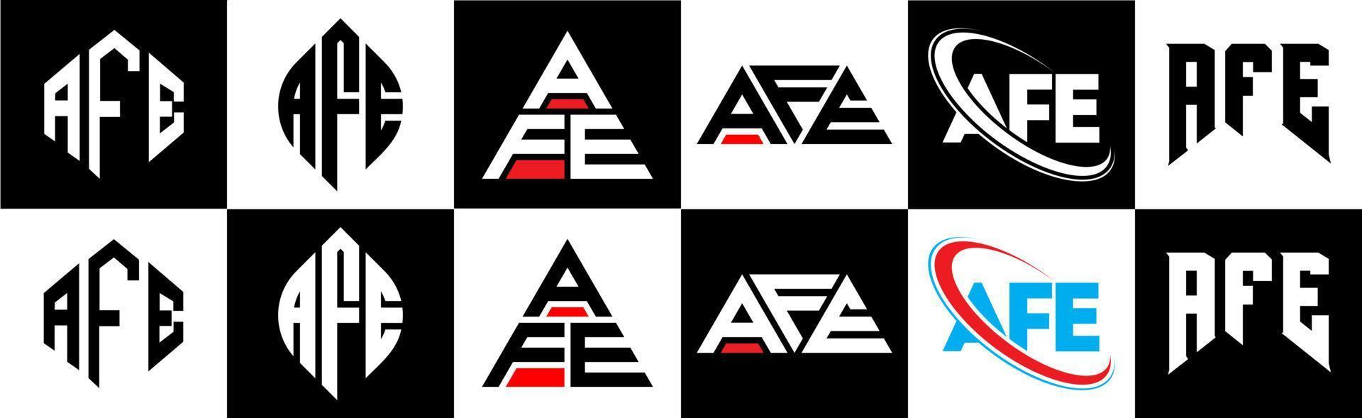 AFE letter logo design in six style. AFE polygon, circle, triangle, hexagon, flat and simple style with black and white color variation letter logo set in one artboard. AFE minimalist and classic logo vector