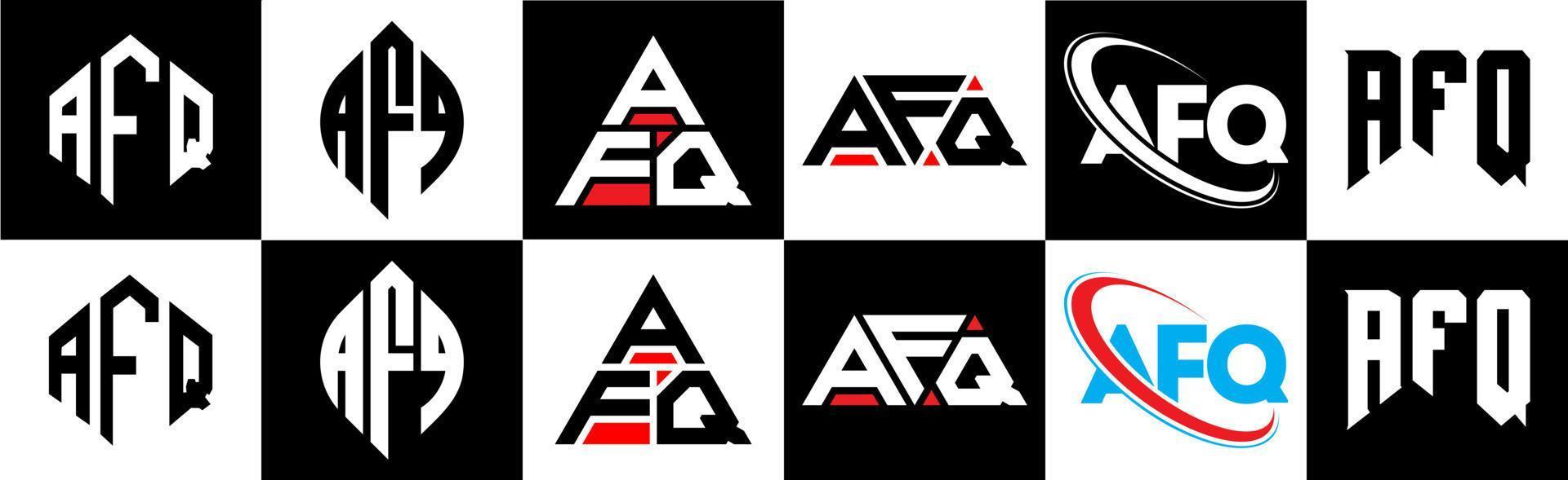 diseño de logotipo de letra afq en seis estilos. afq polígono, círculo, triángulo, hexágono, estilo plano y simple con logotipo de letra de variación de color blanco y negro en una mesa de trabajo. logotipo minimalista y clásico de afq vector