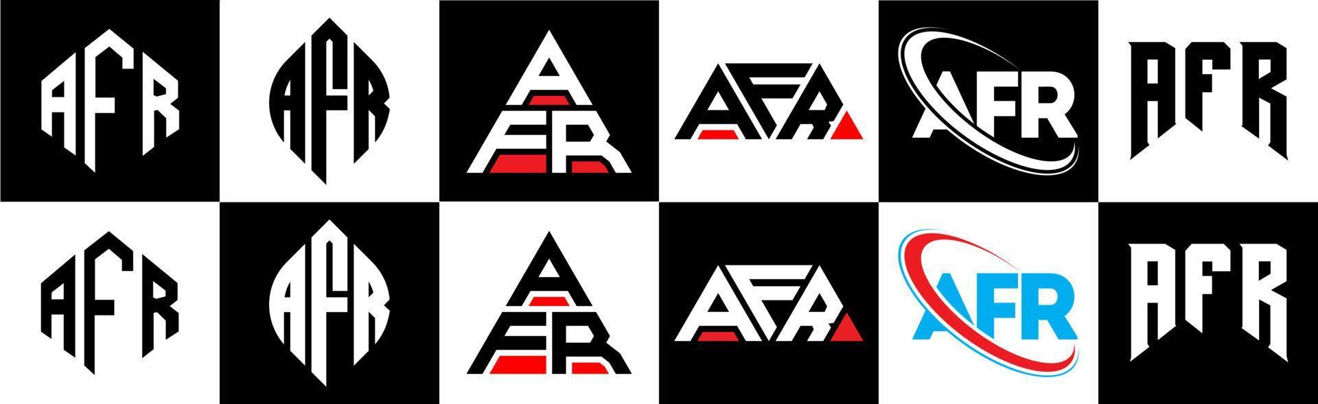 diseño de logotipo de letra afr en seis estilos. afr polígono, círculo, triángulo, hexágono, estilo plano y simple con logotipo de letra de variación de color blanco y negro en una mesa de trabajo. afr logo minimalista y clásico vector