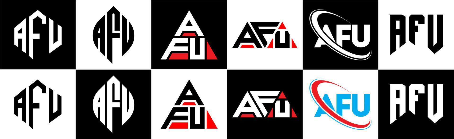AFU letter logo design in six style. AFU polygon, circle, triangle, hexagon, flat and simple style with black and white color variation letter logo set in one artboard. AFU minimalist and classic logo vector