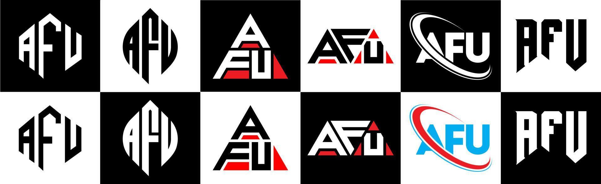 diseño de logotipo de letra afu en seis estilos. afu polígono, círculo, triángulo, hexágono, estilo plano y simple con logotipo de letra de variación de color blanco y negro en una mesa de trabajo. logotipo minimalista y clásico de afu vector