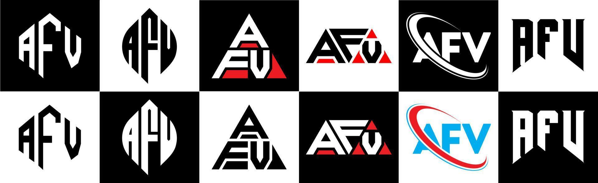 AFV letter logo design in six style. AFV polygon, circle, triangle, hexagon, flat and simple style with black and white color variation letter logo set in one artboard. AFV minimalist and classic logo vector