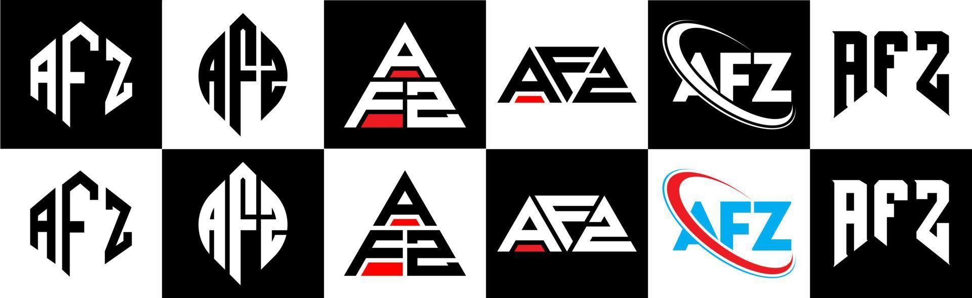 diseño de logotipo de letra afz en seis estilos. afz polígono, círculo, triángulo, hexágono, estilo plano y simple con logotipo de letra de variación de color blanco y negro en una mesa de trabajo. logotipo minimalista y clásico de afz vector