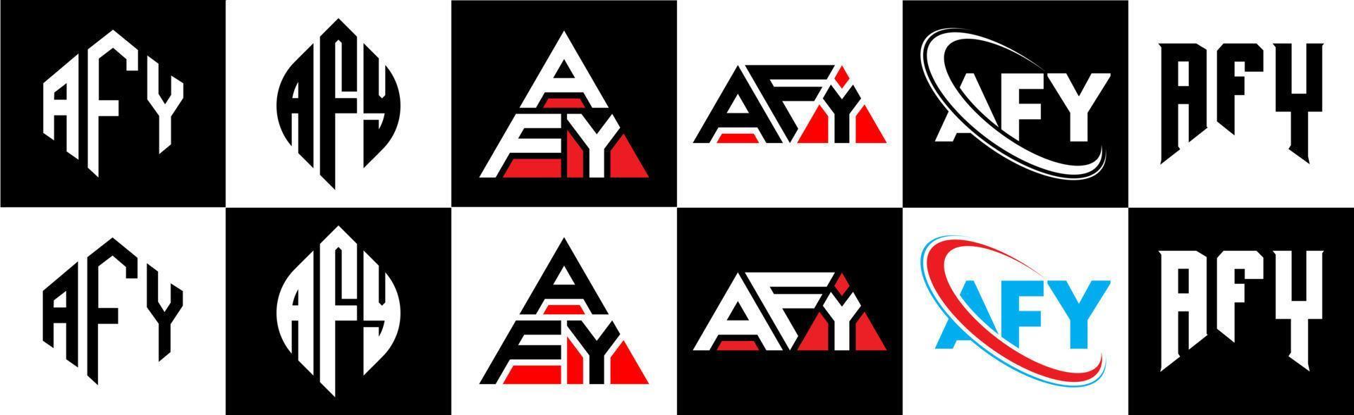 diseño de logotipo de letra afy en seis estilos. afy polígono, círculo, triángulo, hexágono, estilo plano y simple con logotipo de letra de variación de color blanco y negro en una mesa de trabajo. logotipo afy minimalista y clásico vector