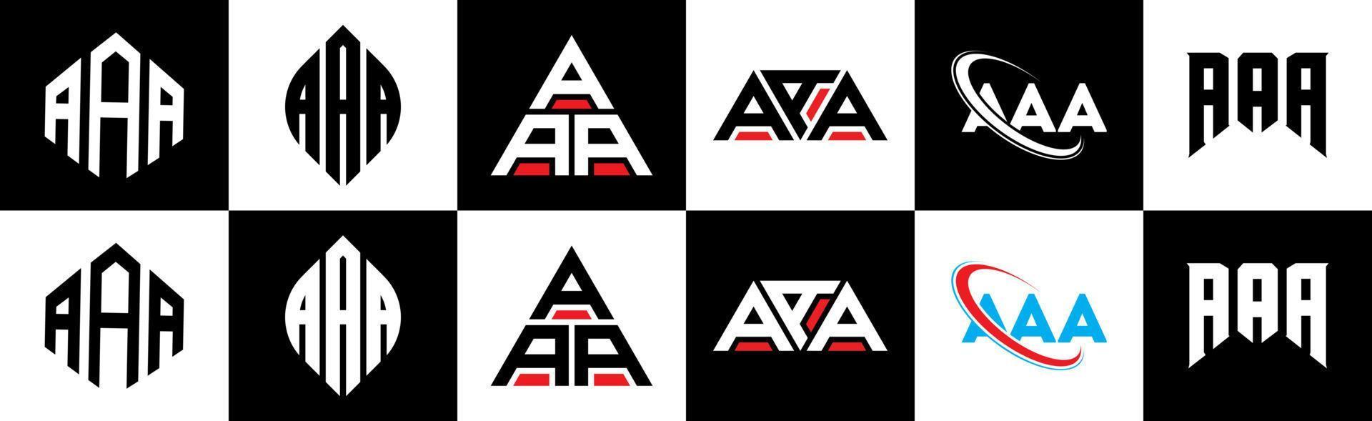 AAA letter logo design in six style. AAA polygon, circle, triangle, hexagon, flat and simple style with black and white color variation letter logo set in one artboard. AAA minimalist and classic logo vector