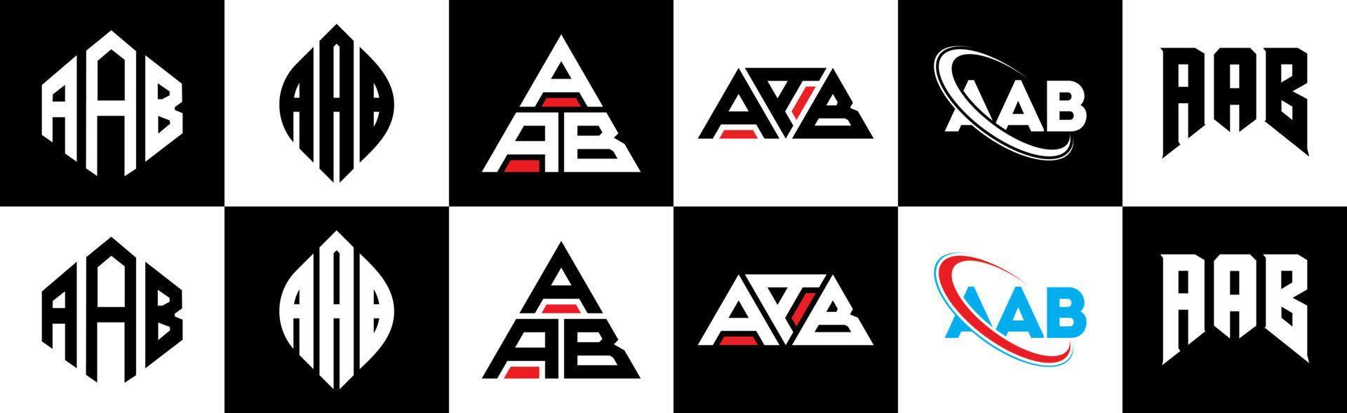 AAB letter logo design in six style. AAB polygon, circle, triangle, hexagon, flat and simple style with black and white color variation letter logo set in one artboard. AAB minimalist and classic logo vector