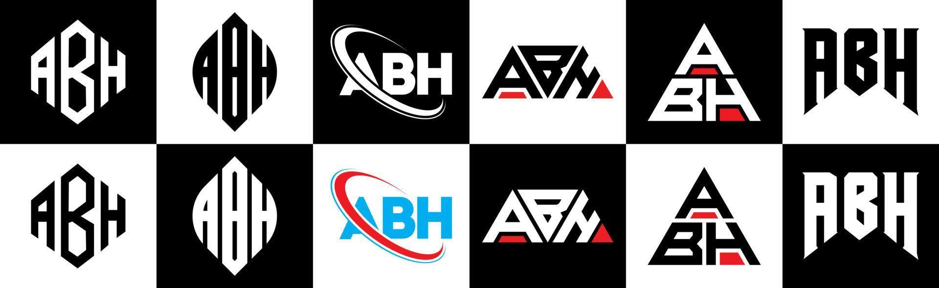 diseño de logotipo de letra abh en seis estilos. abh polígono, círculo, triángulo, hexágono, estilo plano y simple con logotipo de letra de variación de color blanco y negro en una mesa de trabajo. logotipo minimalista y clásico de abh vector