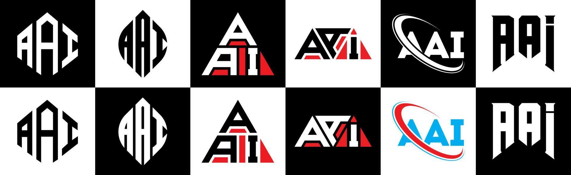 AAI letter logo design in six style. AAI polygon, circle, triangle, hexagon, flat and simple style with black and white color variation letter logo set in one artboard. AAI minimalist and classic logo vector