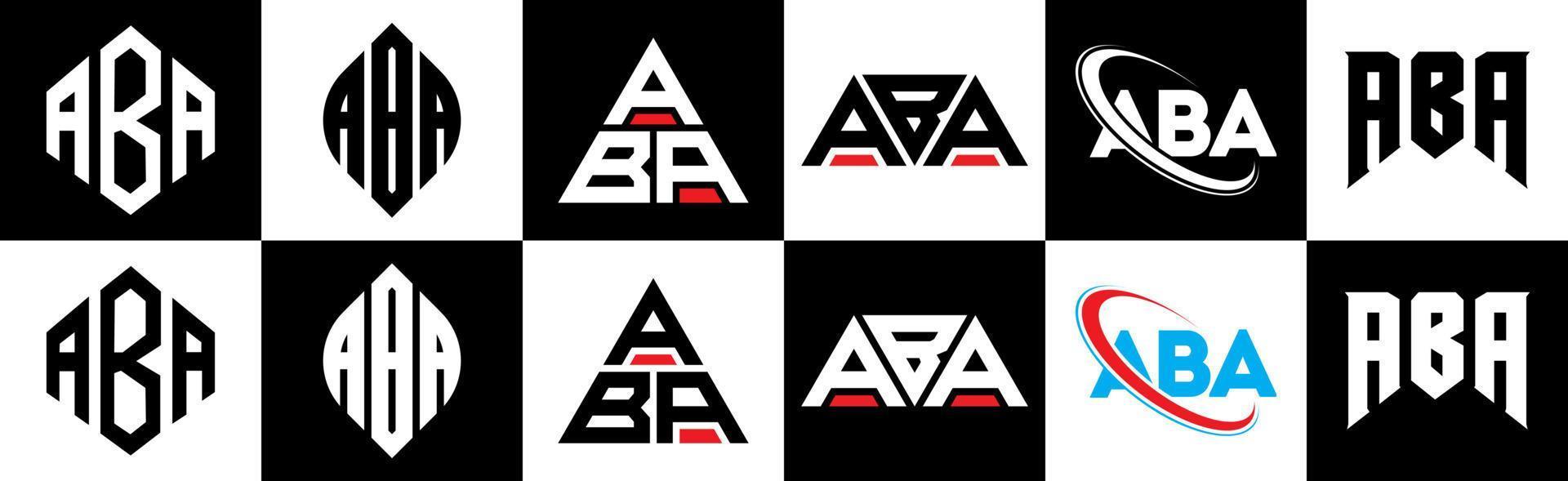 ABA letter logo design in six style. ABA polygon, circle, triangle, hexagon, flat and simple style with black and white color variation letter logo set in one artboard. ABA minimalist and classic logo vector