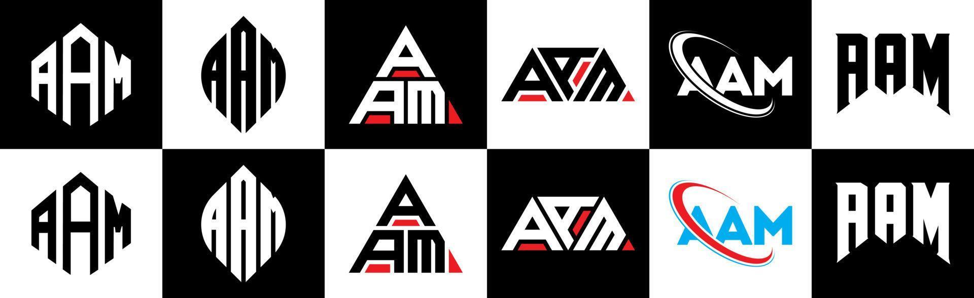 diseño de logotipo de letra aam en seis estilos. aam polígono, círculo, triángulo, hexágono, estilo plano y simple con logotipo de letra de variación de color blanco y negro en una mesa de trabajo. aam logotipo minimalista y clásico vector