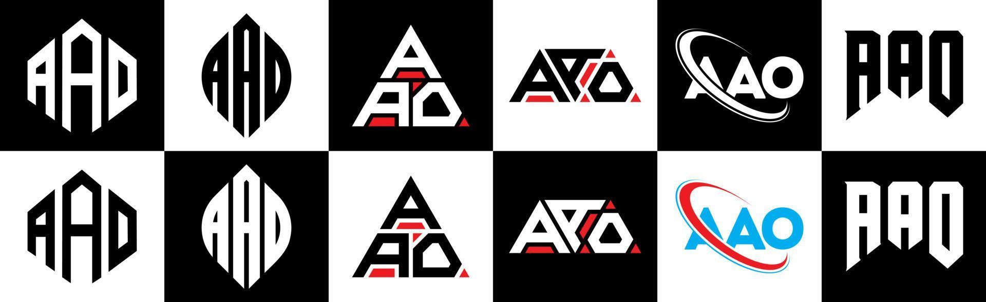 diseño de logotipo de letra aao en seis estilos. aao polígono, círculo, triángulo, hexágono, estilo plano y simple con logotipo de letra de variación de color blanco y negro en una mesa de trabajo. aao logotipo minimalista y clásico vector