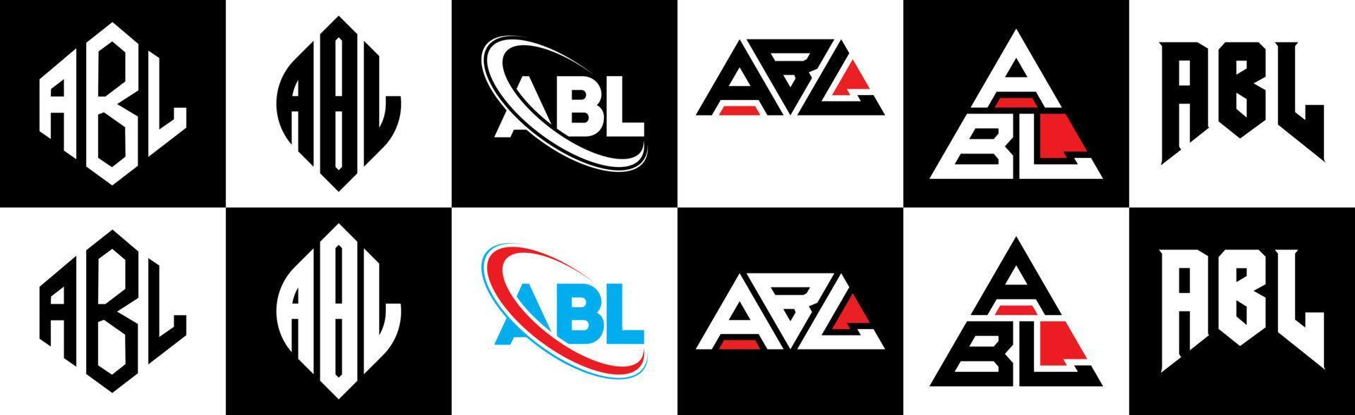 ABL letter logo design in six style. ABL polygon, circle, triangle, hexagon, flat and simple style with black and white color variation letter logo set in one artboard. ABL minimalist and classic logo vector